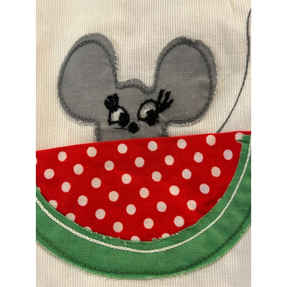 Vintage Antique Baby Bib Cream Linen Mouse Watermelon Pocket